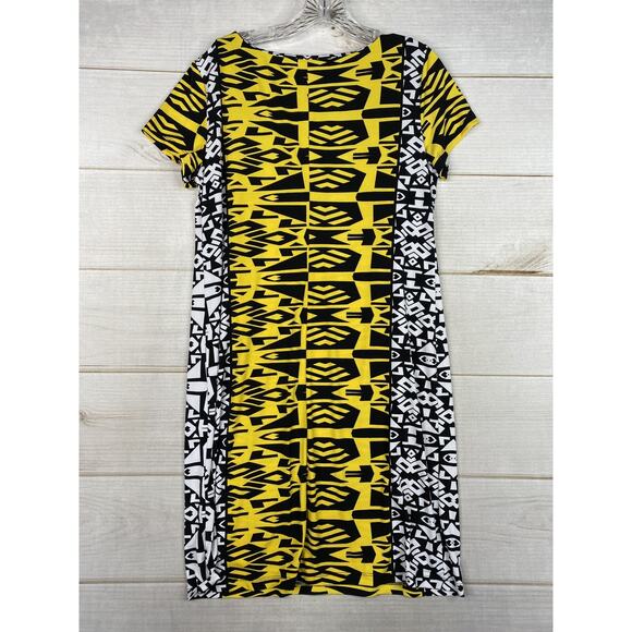 Emma & Michele Dress Womens M Yellow Black Short Sleeve Stretch Knit Keyhole - Picture 8 of 9